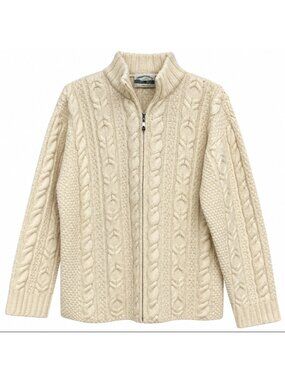 Aran Crafts Ireland 100% Merino Wool Sweater Large Cable Knit Full Zip Up Flawed